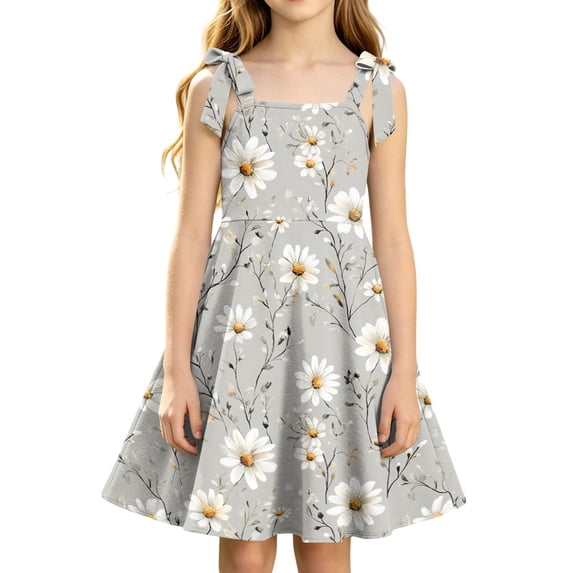 Grblisyd Girls Dresses Size 10-12 Tie Strap Sleeveless Cute Floral Printed A‑Line Dress Square Neck Sundress