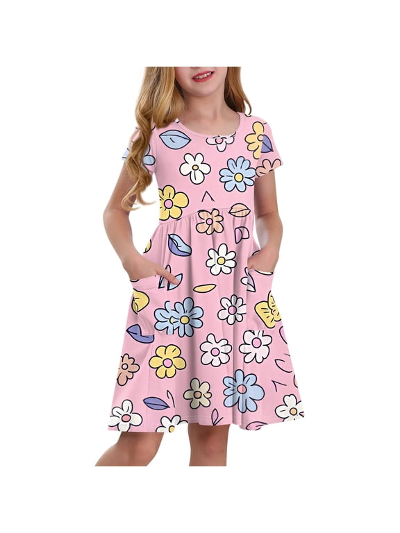 Girls Dresses Summer Short Sleeve Kids A Line Cute Cartoon Sundresses with Pockets for Casual 3-12 Y