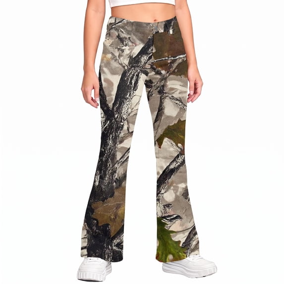 Grblisyd Girls Flare Leg Uniform Pants High Waist Fashion Camo Maple Leaf Print Bell Bottoms With Button and Pockets