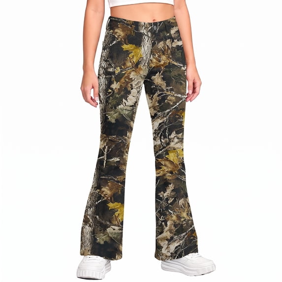 Grblisyd Girls Flare Leg Uniform Pants High Waist Fashion Camo Maple Leaf Print Bell Bottoms With Button and Pockets