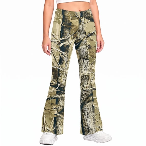 Grblisyd Girls Flare Leg Uniform Pants High Waist Fashion Camo Maple Leaf Print Bell Bottoms With Button and Pockets