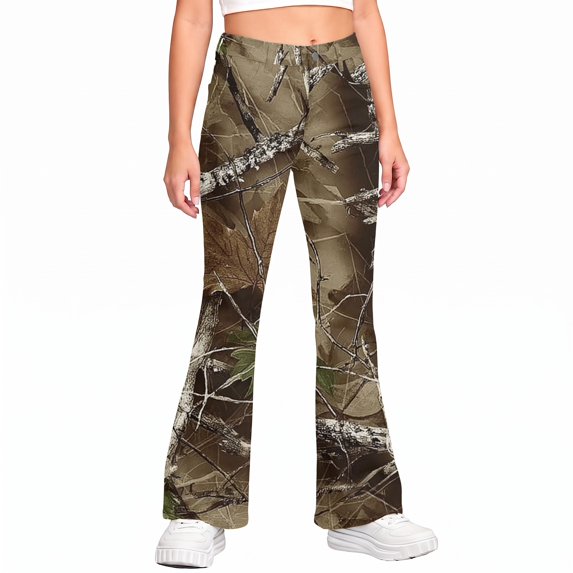 Grblisyd Girls Flare Leg Uniform Pants High Waist Fashion Camo Maple Leaf Print Bell Bottoms With Button and Pockets