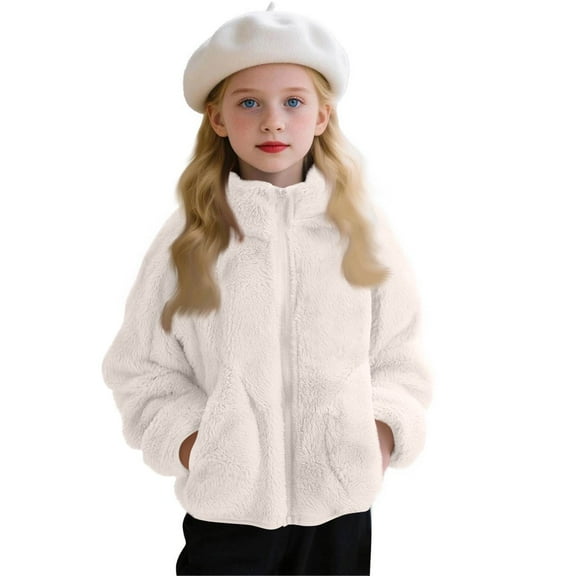 Grblisyd Girls Fleece Jacket Full-Zip Lightweight Jacket Cozy Soft Stand-Up Collar Sherpa Fleece Jacket Polar Fleece Warm Plush Outwear with Pockets Beige 9-10 Years
