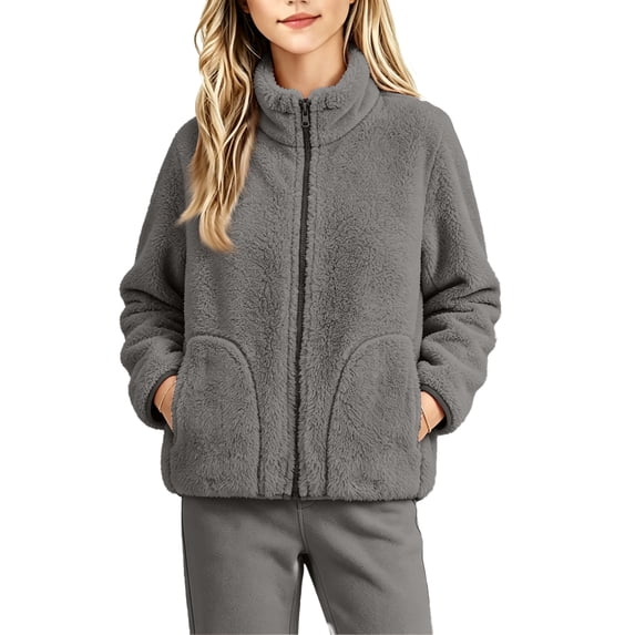 Grblisyd Girls Fleece Jacket Full Zip Warm School Casual Coat with Pockets Long Sleeves Relaxed Fit School Travel Outdoor Easy Layering Clothes