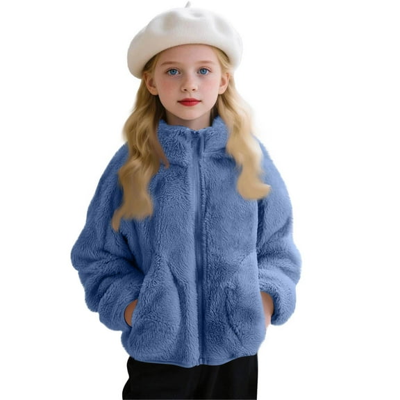 Grblisyd Girls Fleece Jacket Zip Up Oversized Jacket Windproof Stand Collar Sherpa Fleece Jacket Polar Fleece Winter Coat with Pockets Blue 7-8 Years