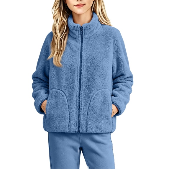 Grblisyd Girls Fuzzy Outerwear Jacket Kids Soft Oversized Jackets Zip up Hoodie Warm Sweatshirt with Pockets 3-12 Years