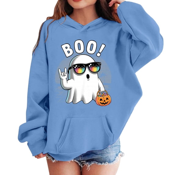 Grblisyd Girls Halloween Hoodies Cute Pumpkin Ghost Print Pullover Long Sleeve Hoodie Sweatshirt with Kangaroo Pocket