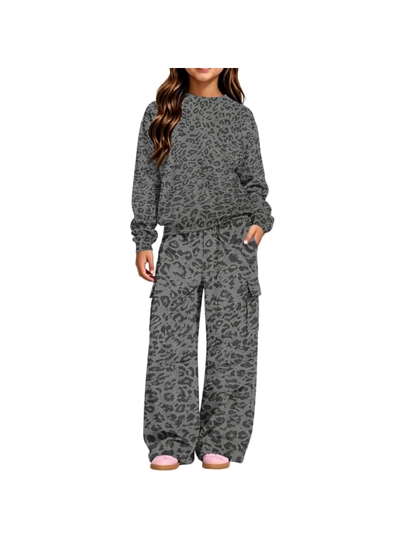 Girls Leopard Print Sweatshirt Outfit 2-Piece Fall Winter Long Sleeves Hoodie and Cargo pants Set for School or Daily Wear