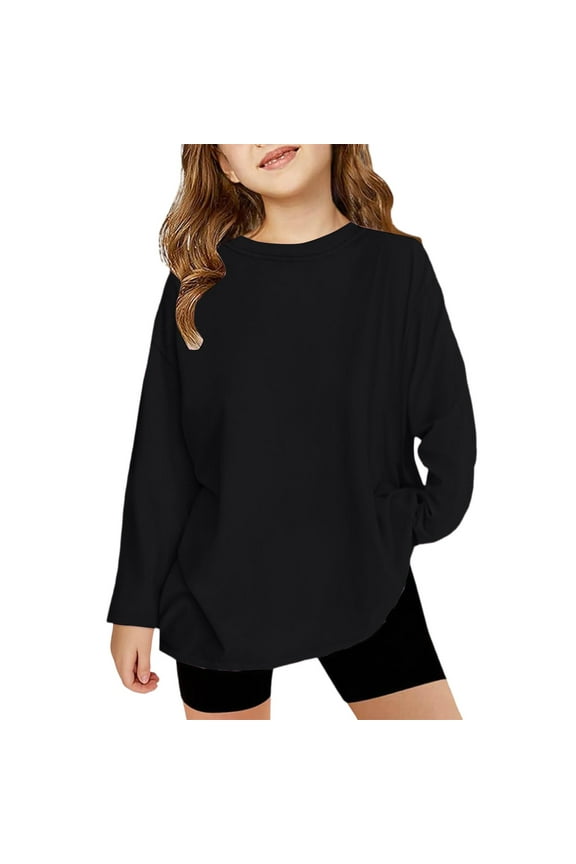 Girls Long Sleeve Shirts Black Plain Shirts Trendy Size 10-12 Cute Shirt Kids Crewneck Tee Shirt Girls Tops Teen Girls Clothes ,Black 6-7Y
