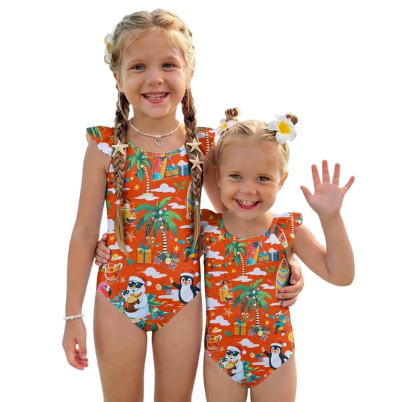 Grblisyd Girls One Piece Swimsuit Flutter Sleeve Hawaiian Quick Dry Crew Neck Swimwear Beach Sport Bathing Suit for Kids 4t