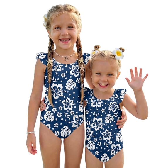 Grblisyd Girls One Piece Swimsuits Flutter Sleeve Hawaiian Beach Sport Swimwear Kids Crew NeckBathing Suit 8 Years