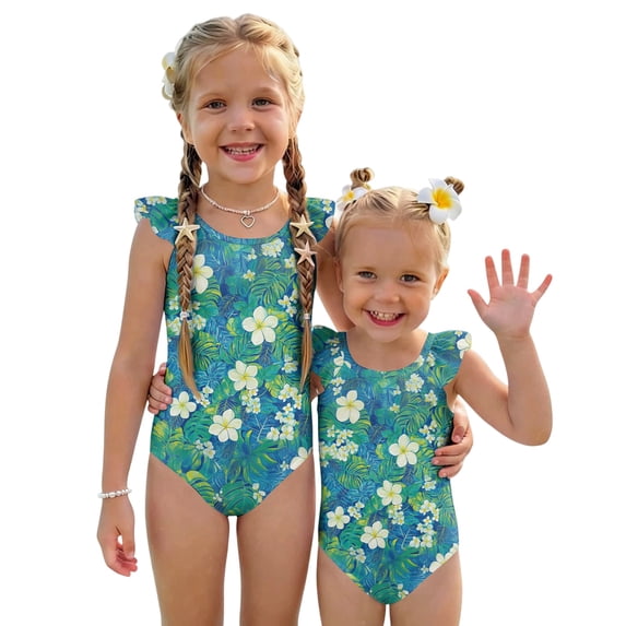 Grblisyd Girls One Piece Swimsuits Flutter Sleeve Hawaiian Beach Sport Swimwear Kids Crew NeckBathing Suit 8 Years