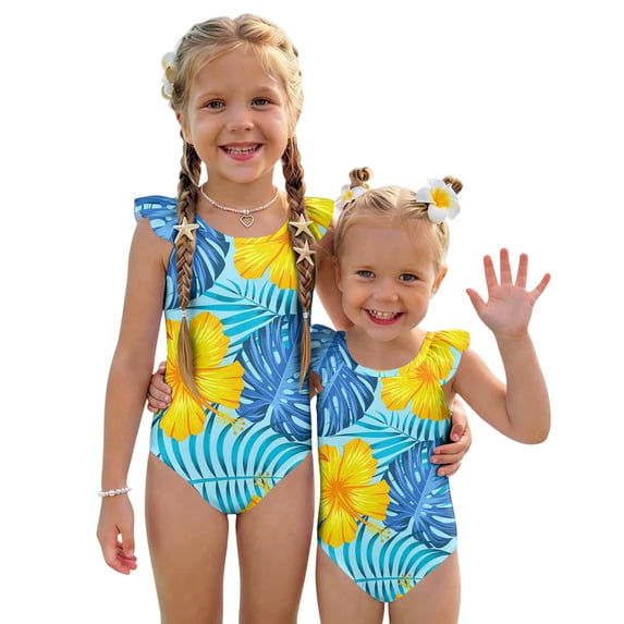 Grblisyd Girls One Piece Swimsuits Flutter Sleeve Hawaiian Beach Sport Swimwear Kids Crew NeckBathing Suit 8 Years