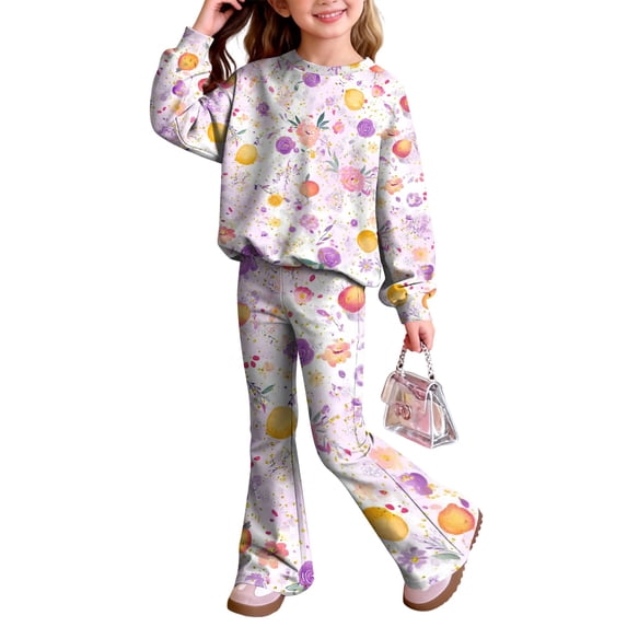 Grblisyd Girls Outfits Size 10-12 2 Piece Long Sleeve Crew Neck Cute Cartoon Print Sweatshirt Top and Flare Pants Set