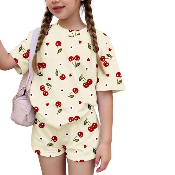 Grblisyd Girls Outfits Size 10-12 Cute Cherry Print Crew Neck Short Sleeve Tops and Elastic Waist Bike Shorts Set