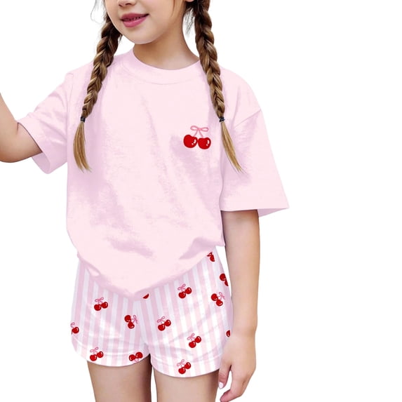 Grblisyd Girls Outfits Size 10-12 Cute Cherry Print Crew Neck Short Sleeve Tops and Elastic Waist Bike Shorts Set