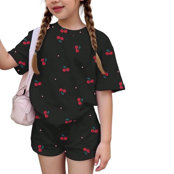 Grblisyd Girls Outfits Size 10-12 Cute Cherry Print Crew Neck Short Sleeve Tops and Elastic Waist Bike Shorts Set