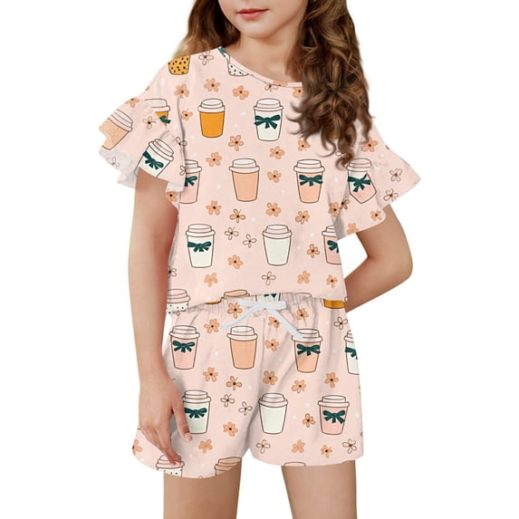 Grblisyd Girls Outfits Size 10-12 Cute Floral Print Ruffle Short Sleeve T-Shirts and Drawstring Elastic Waist Shorts Casual Summer Clothing Sets