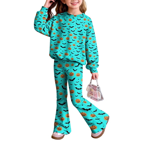 Grblisyd Girls Outfits Size 10-12 Halloween Casual Two Pieces Outfits Long Sleeve Round Neck Tops and Flared Pant Two Piece Set Trendy Fall Outfit