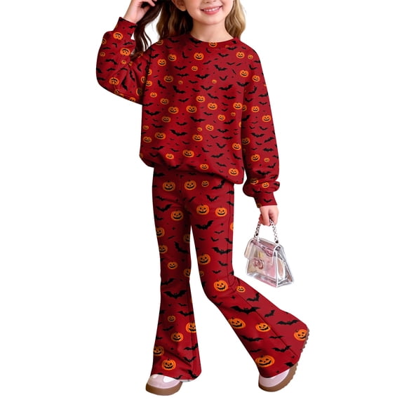 Grblisyd Girls Outfits Size 10-12 Halloween Casual Two Pieces Outfits Long Sleeve Round Neck Tops and Flared Pant Two Piece Set Trendy Fall Outfit
