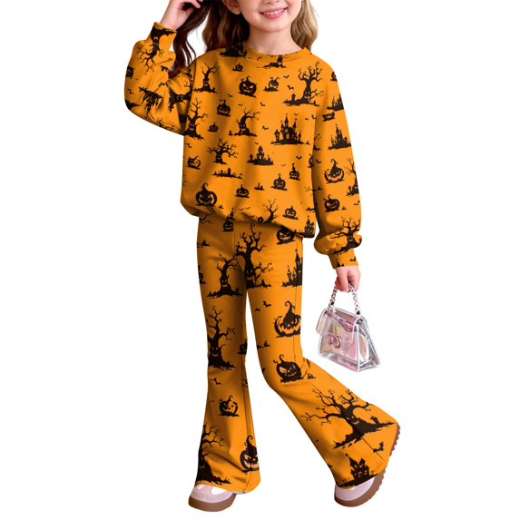 Grblisyd Girls Outfits Size 10-12 Halloween Casual Two Pieces Outfits Long Sleeve Round Neck Tops and Flared Pant Two Piece Set Trendy Fall Outfit