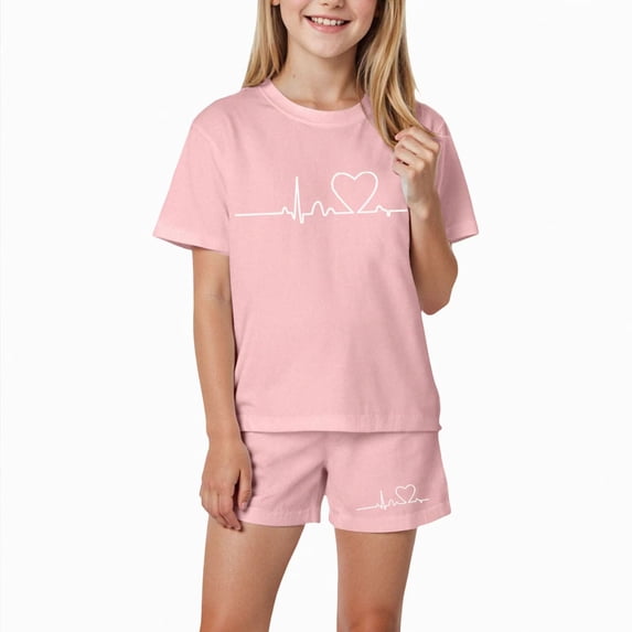 Grblisyd Girls Outfits Size 10-12 Kids Heart Print Short Sleeve T-Shirts Elastic Waist Shorts Casual Summer 2 Piece Clothing Sets
