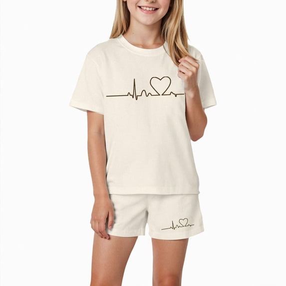Grblisyd Girls Outfits Size 10-12 Kids Heart Print Short Sleeve T-Shirts Elastic Waist Shorts Casual Summer 2 Piece Clothing Sets