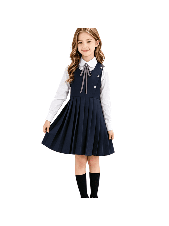 Girls Preppy Style Pleated Jumper Dress Cute Necktie Sleeveless Lapel Shirt School Uniform Outfits