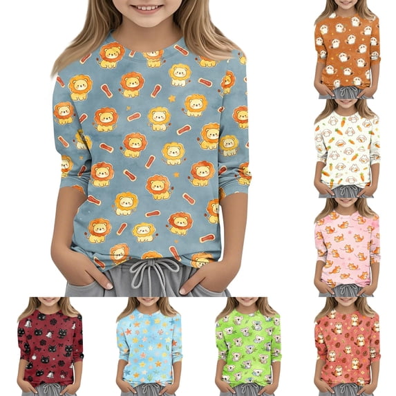 Grblisyd Girls Shirts 3/4 Length Sleeve Cute Animal Print Graphic Tops Crewneck Kids Casual Basic Loose Tee 7-8Y