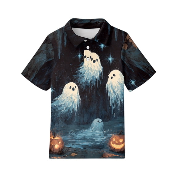 Grblisyd Girls Shirts Boys Short Sleeve Polo Shirt Halloween Pumpkin Ghost Print Tops 2-13 Years