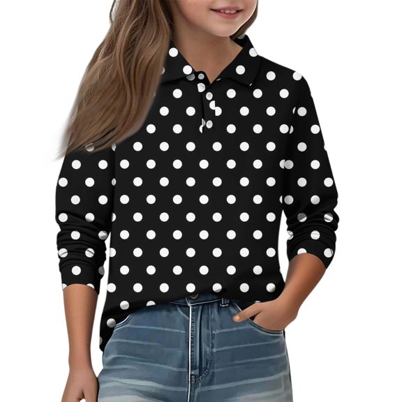 Grblisyd Girls Shirts Casual Long Sleeve Polka Dots Polo Shirt Button Closure Comfortable Breathable Fabric