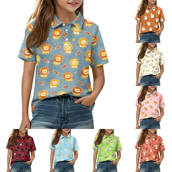 Grblisyd Girls Shirts Cute Animal Print School Uniform Short Sleeve Button Closure Polo Shirt