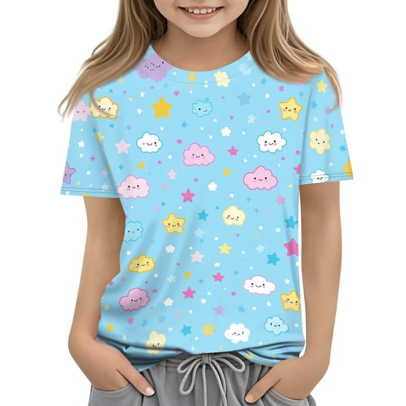 Grblisyd Girls Shirts Kids Summer Fashion Cute Cartoon Print Crewneck Short Sleeve Tops Casual Tees 10-12 Years