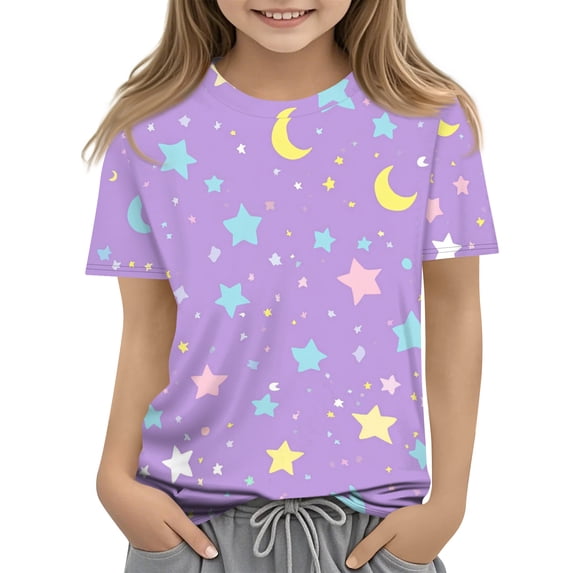 Grblisyd Girls Shirts Kids Summer Fashion Cute Cartoon Print Crewneck Short Sleeve Tops Casual Tees 10-12 Years