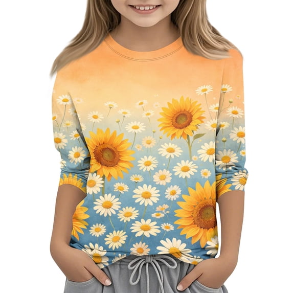 Grblisyd Girls Shirts Kids Sunflower Daisy Printed Casual Crewneck 3/4 Sleeve Loose Graphic Tee Tops 10-12 Years