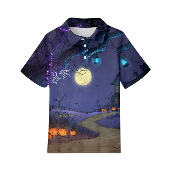 Grblisyd Girls Short Sleeve Polo Shirt Kids Casual Collar School Uniform Shirts Halloween Pumpkin Ghost Print Tops 2-13 Years