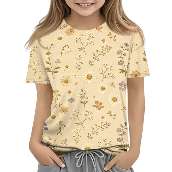 Grblisyd Girls Short Sleeve T Shirts Kids Summer Daisy Print Tops Loose Crewneck Tees 5-13 Years
