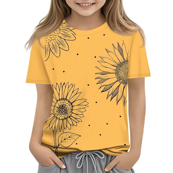 Grblisyd Girls Short Sleeve T Shirts Kids Summer Sunflower Print Tops Crewneck Tees 7-8 Years