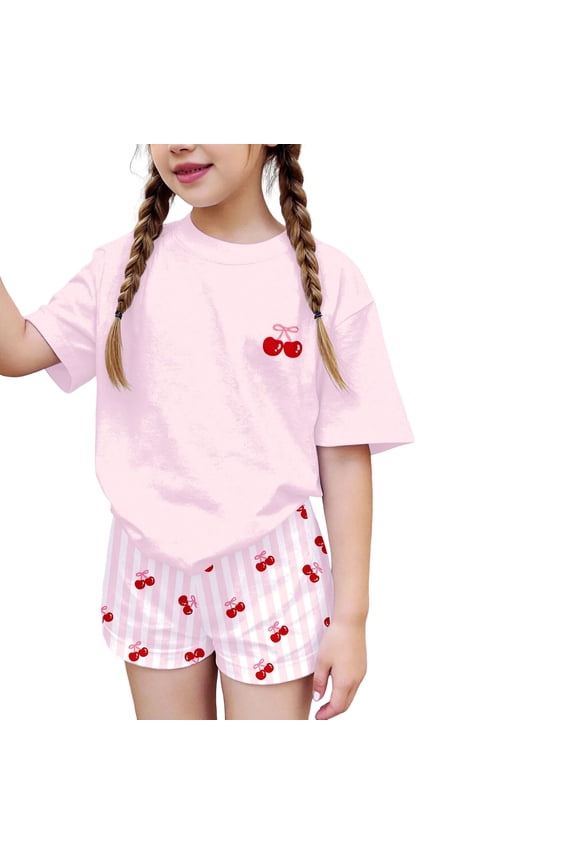 Girls Summer 2 Piece Outfits Cute Fruit Print Printed Short Sleeve Crew Neck T-Shirts and Shorts Girls' Clothing Sets 10-12Y