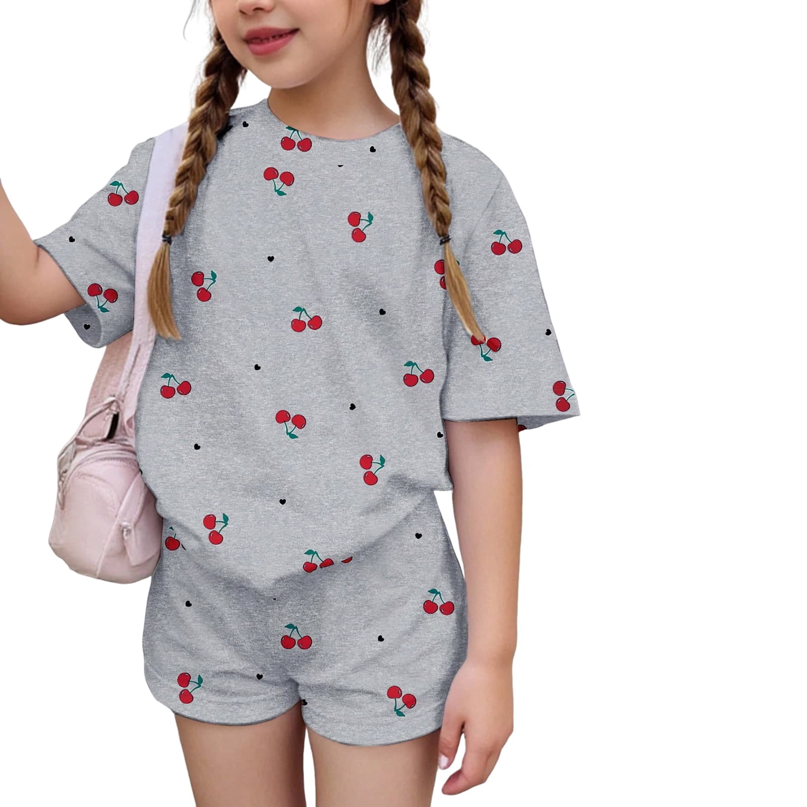 Girls Summer 2 Piece Outfits Cute Fruit Print Printed Short Sleeve Crew Neck T-Shirts and Shorts Girls' Clothing Sets 10-12Y