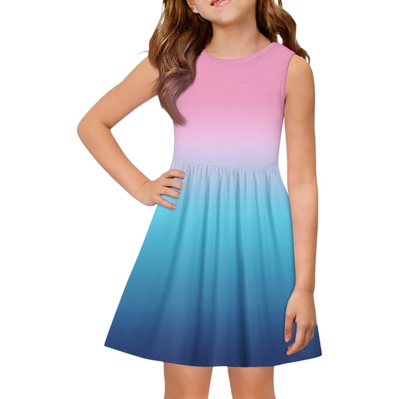 Grblisyd Girls Summer Dress Casual Sleeveless Gradient A-line Dress Flowy Crew Neck Tank Dress 7-8 Years