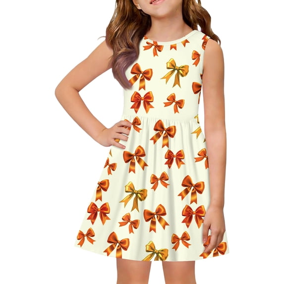 Grblisyd Girls Summer Dress Coquette Bow Print Ruched Casual Sleeveless A Line Dress Crew Neck Swing Twirly Sundress Kids Cute Sun Dress 4-8T