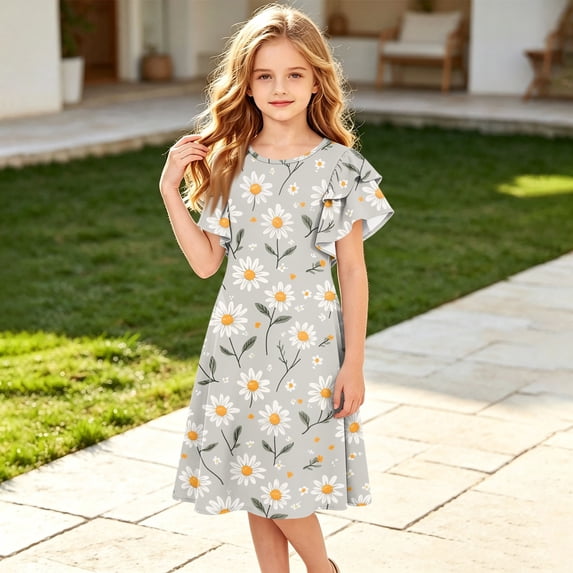 Grblisyd Girls Summer Dress Fashion Ruffle Short Sleeve Dresses Cute Floral Print Crew Neck A-Line Dress