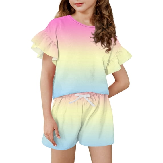 Grblisyd Girls Summer Outfit Gradient Ruffle Sleeve Top and Drawstring Elastic Waist Shorts Clothing Set Lightweight Casual Two Piece