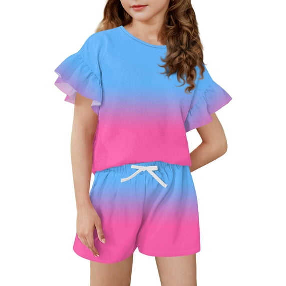 Grblisyd Girls Summer Outfit Gradient Ruffle Sleeve Top and Drawstring Elastic Waist Shorts Clothing Set Lightweight Casual Two Piece