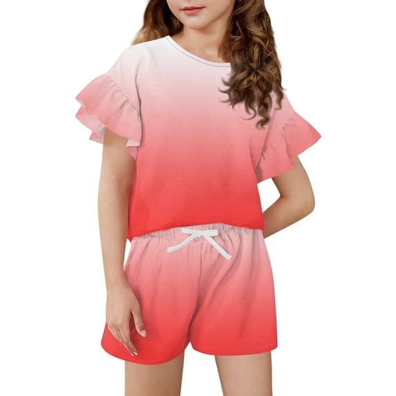 Grblisyd Girls Summer Outfit Gradient Ruffle Sleeve Top and Drawstring Elastic Waist Shorts Clothing Set Lightweight Casual Two Piece