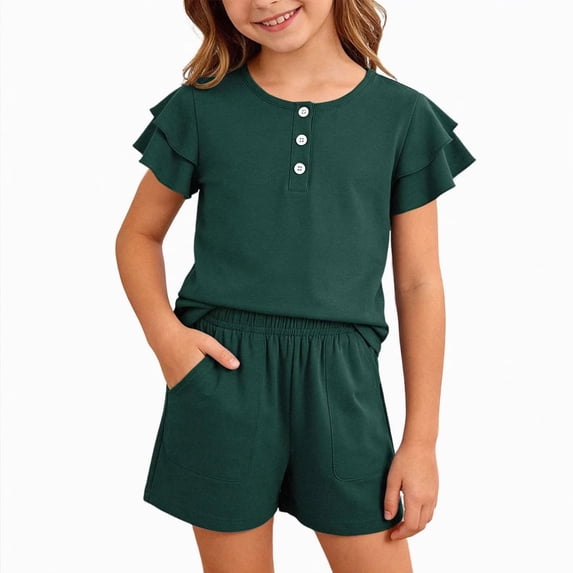 Grblisyd Girls Summer Outfits 2 Piece Outfits Ruffle Short Sleeve Button Down Shirts and Elastic Waist Shorts Set Kids Clothes with Pockets