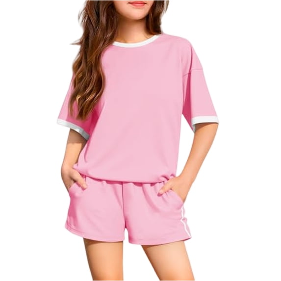 Grblisyd Girls Summer Outfits 2 Piece Short Sleeve T Shirts Top and Elastic Waist Shorts Clothing Sets with Pockets