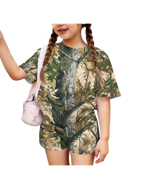 Girls Summer Outfits Camo Casual Maple Leaf Print Set Short Sleeve Crew Neck T Shirt and Elastic Waist Shorts 2 Piece Clothing Sets