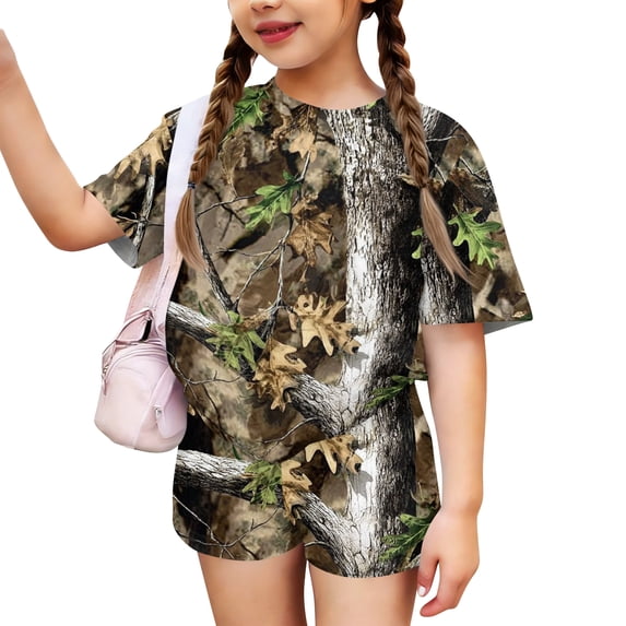 Grblisyd Girls Summer Outfits Camo Casual Maple Leaf Print Set Short Sleeve Crew Neck T Shirt and Elastic Waist Shorts 2 Piece Clothing Sets